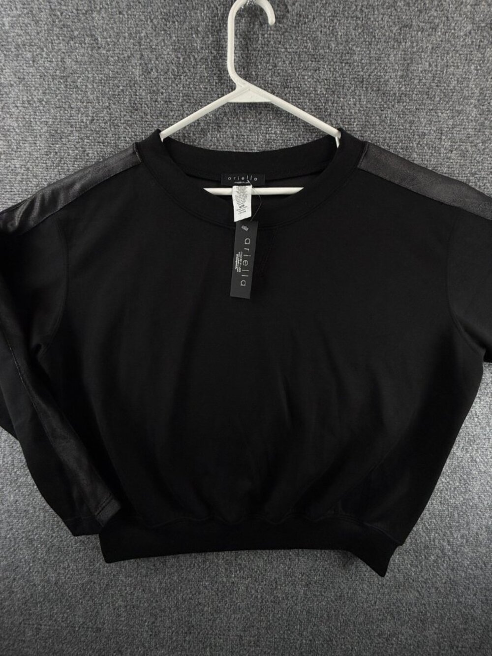 NWT Ariella USA Made Black Rayon Blend Sweatshirt Pullover Faux Leather Trim LG